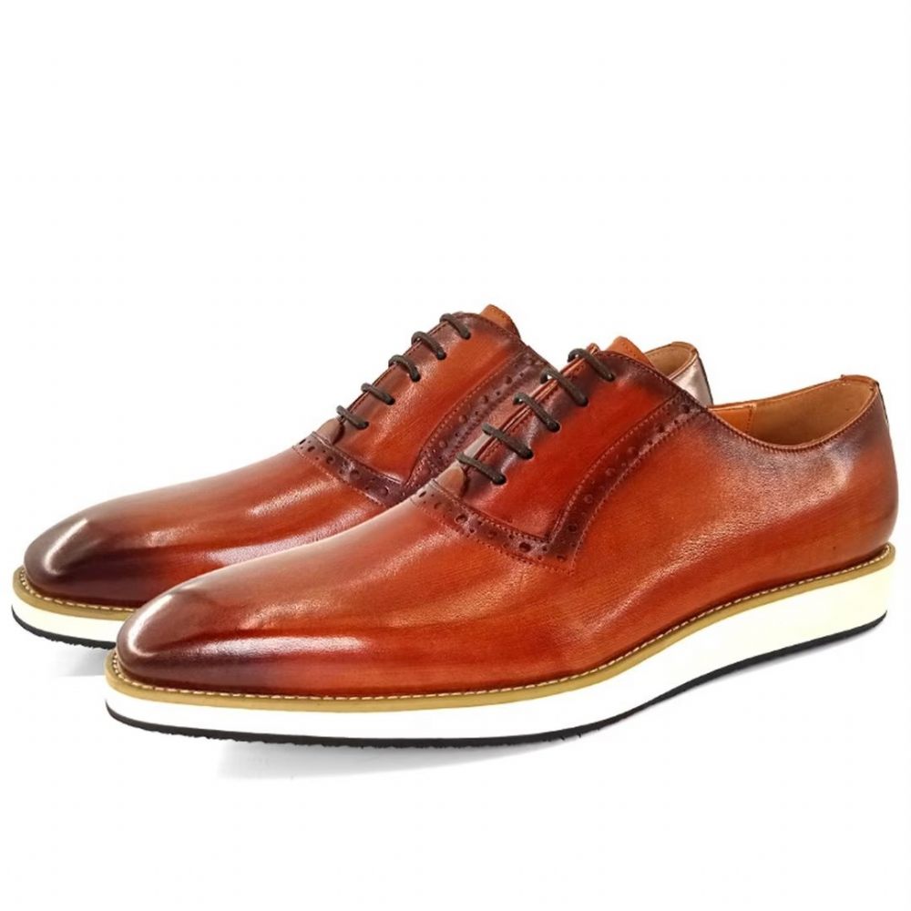 Chaussures Formelles Pour Hommes Bout Carré Décontractées Cuir Véritable - Rouge Marron