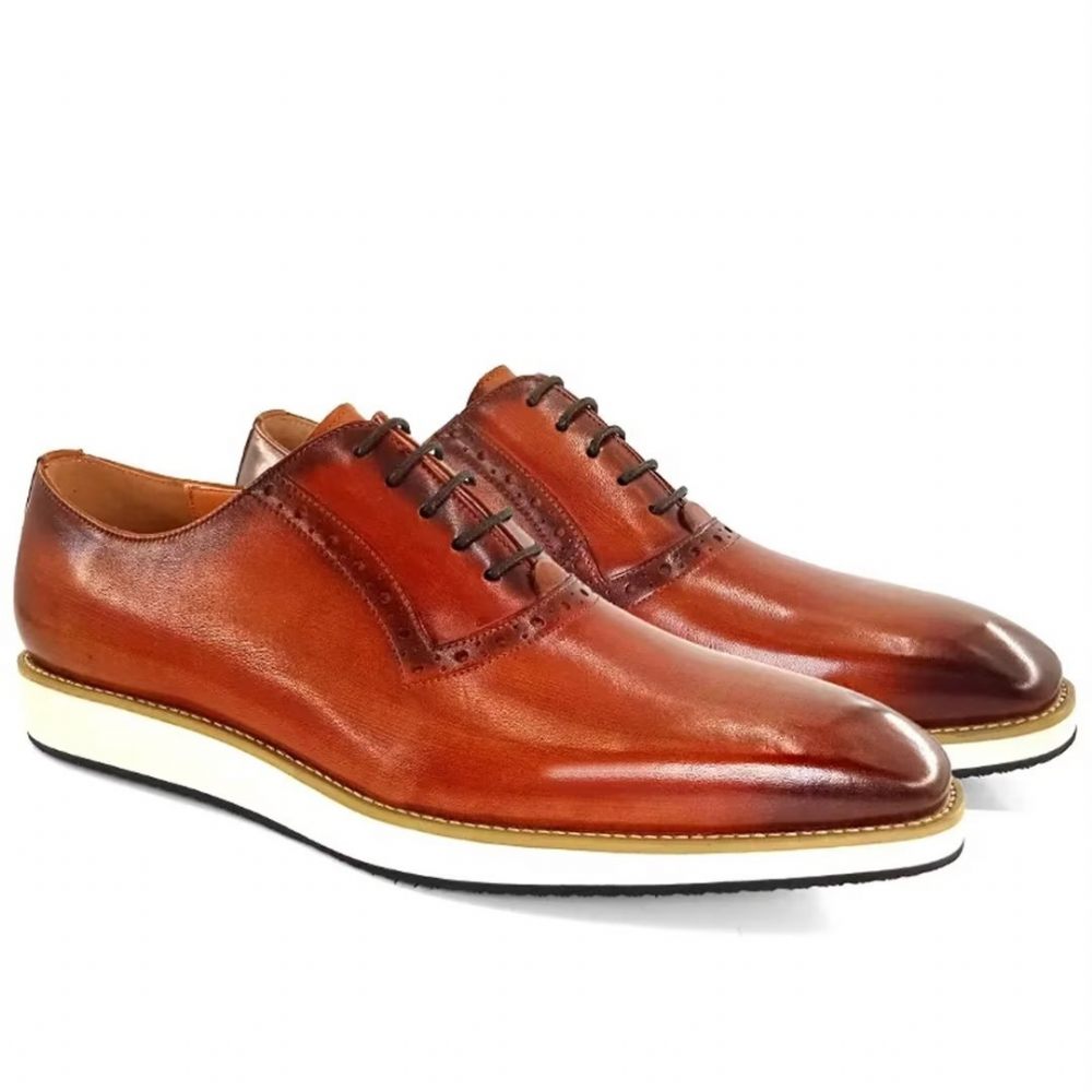 Chaussures Formelles Pour Hommes Bout Carré Décontractées Cuir Véritable - Rouge Marron