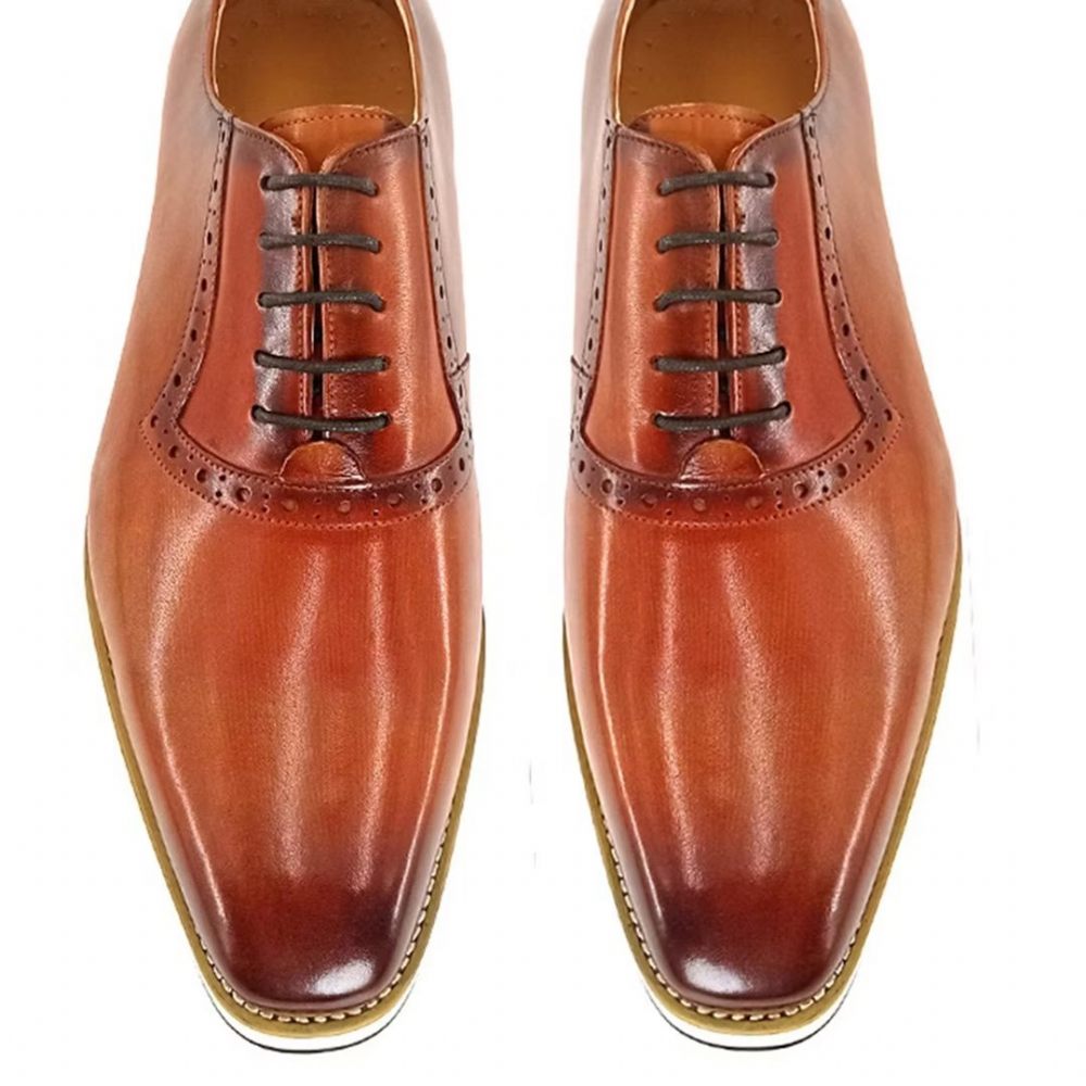 Chaussures Formelles Pour Hommes Bout Carré Décontractées Cuir Véritable - Rouge Marron