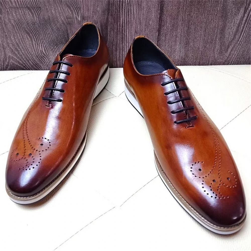 Chaussures Formelles Pour Hommes Bout Carré Décontractées Cuir Véritable - Rouge Marron