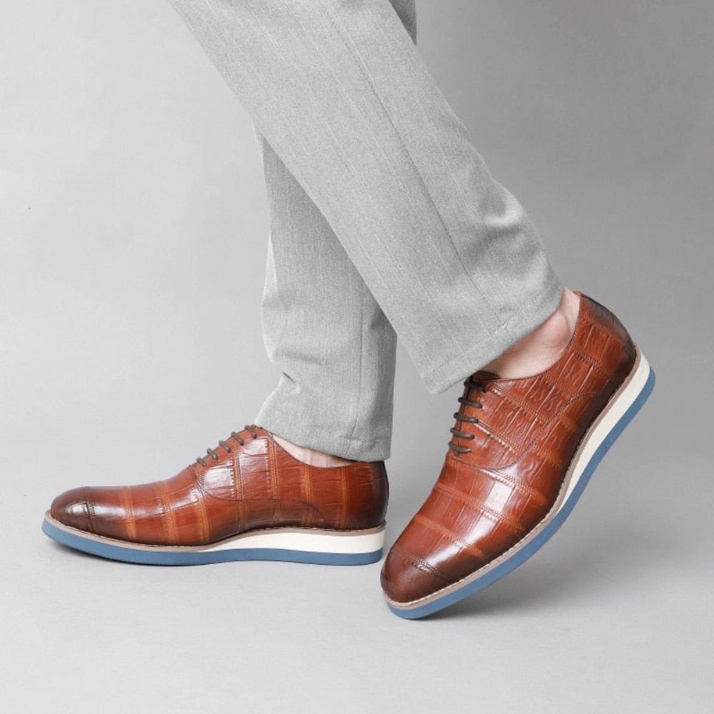 Chaussures Formelles Pour Hommes Cuir Alligator Plate-forme Habillées Richelieu - Café