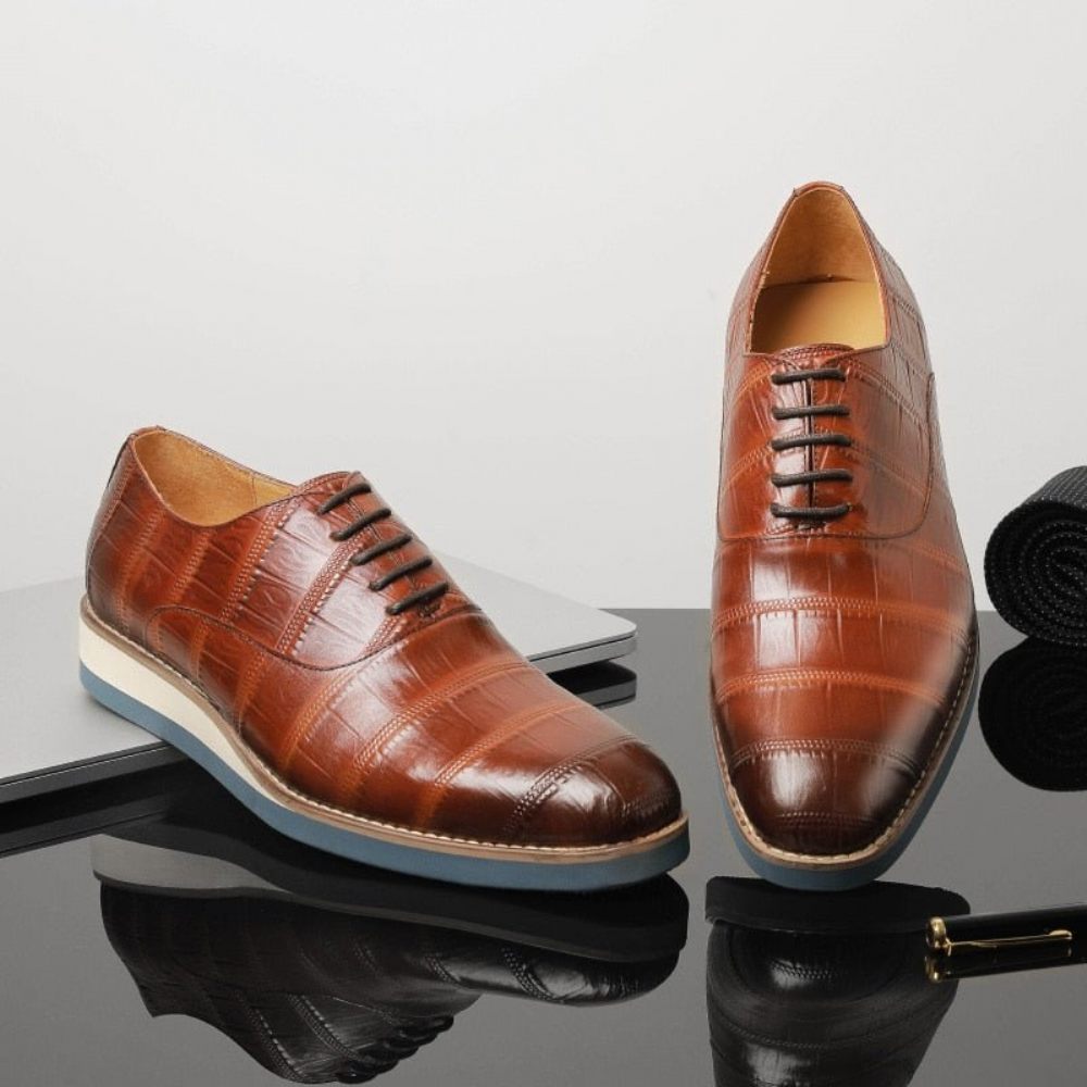 Chaussures Formelles Pour Hommes Cuir Alligator Plate-forme Habillées Richelieu - Café