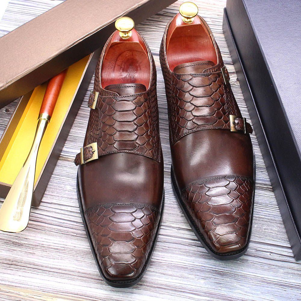 Chaussures Formelles Pour Hommes Cuir Brillant À Bout Pointu Et Sangles Moine - Café