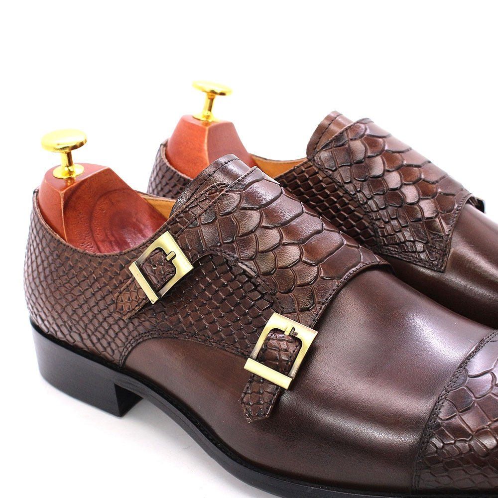 Chaussures Formelles Pour Hommes Cuir Brillant À Bout Pointu Et Sangles Moine - Café