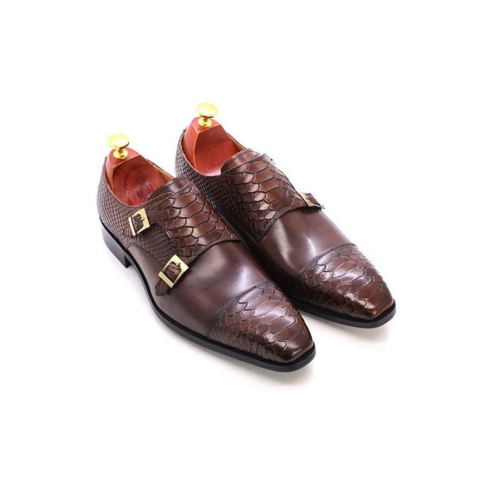 Chaussures Formelles Pour Hommes Cuir Brillant À Bout Pointu Et Sangles Moine - Café