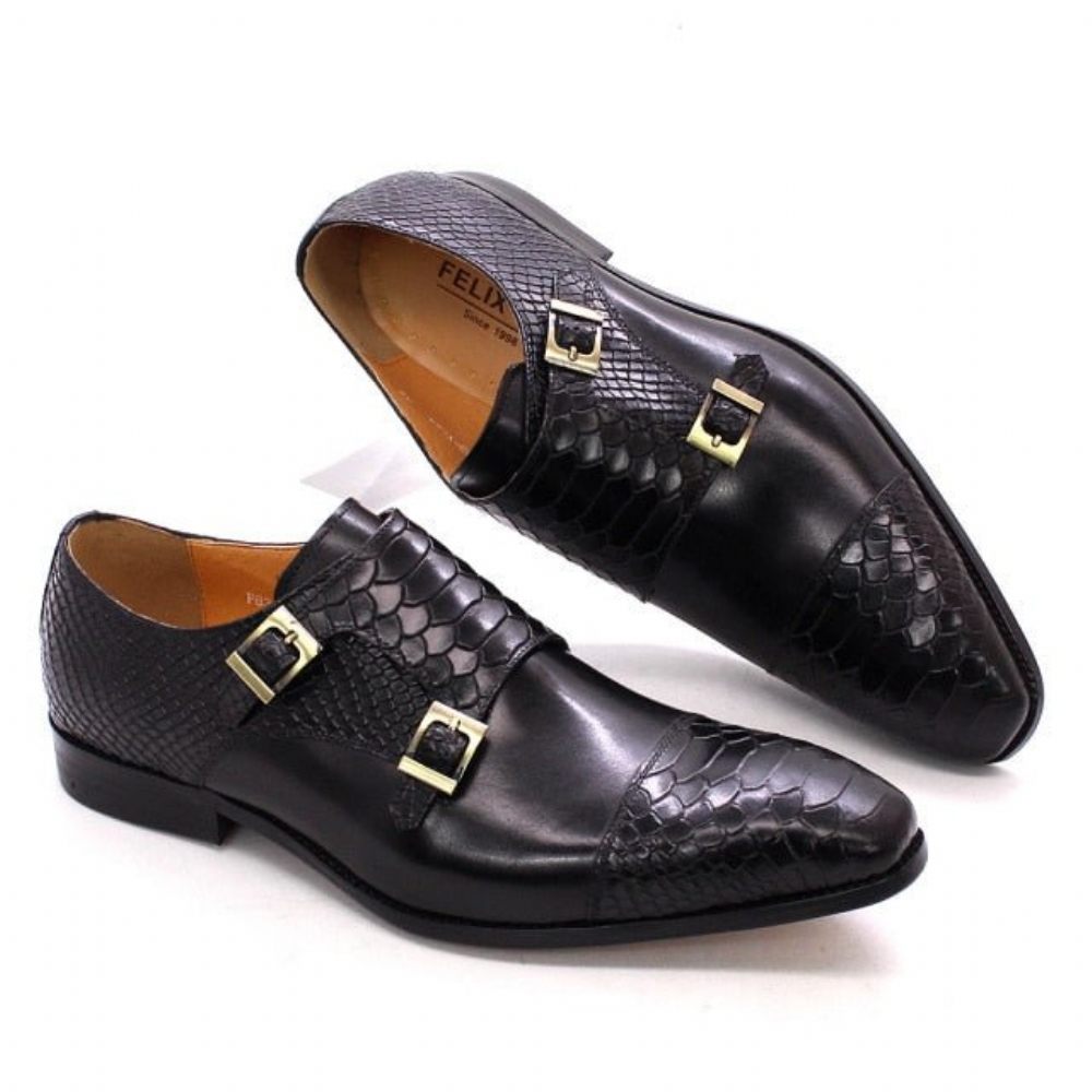 Chaussures Formelles Pour Hommes Cuir Brillant À Bout Pointu Et Sangles Moine - Noir