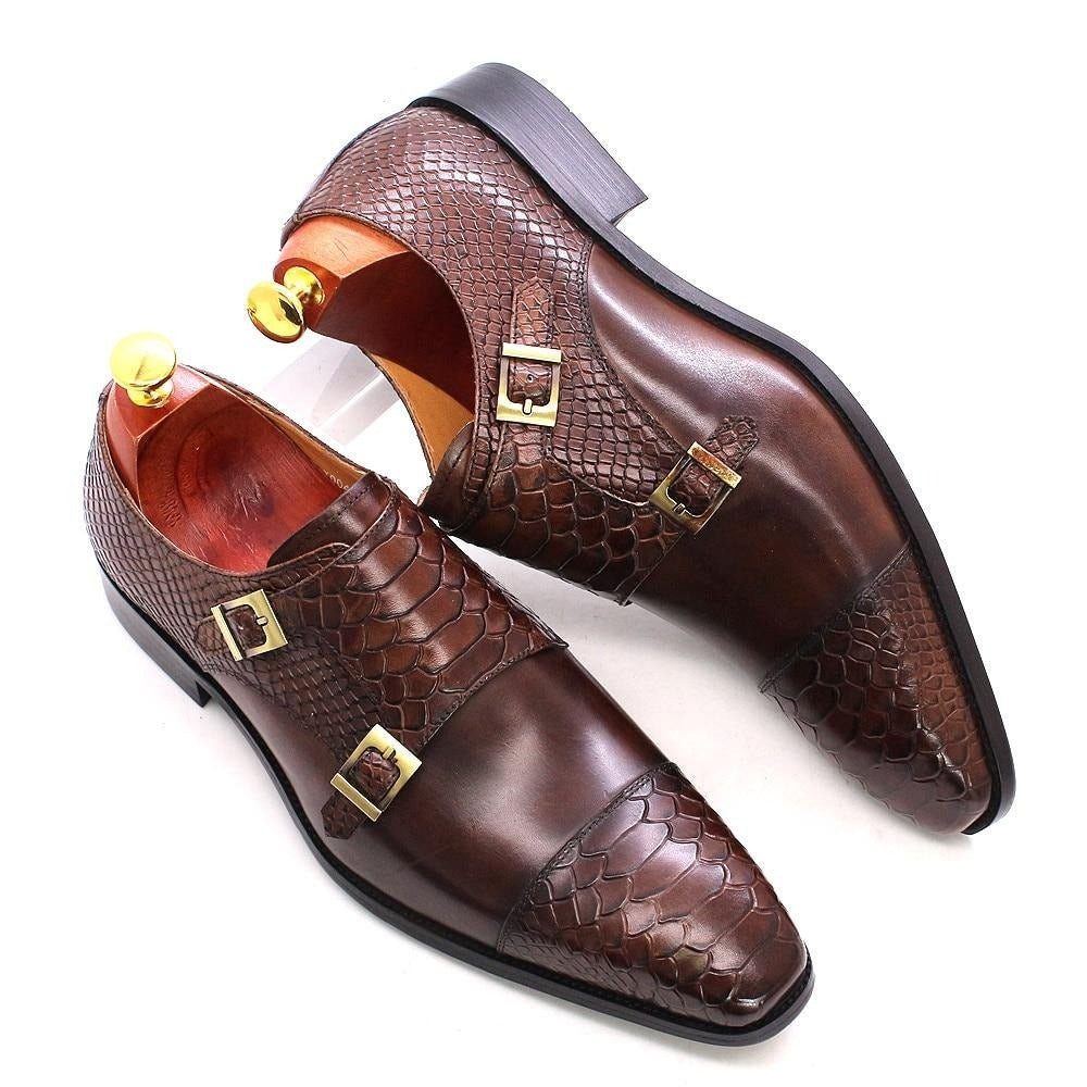 Chaussures Formelles Pour Hommes Cuir Brillant À Bout Pointu Et Sangles Moine - Café