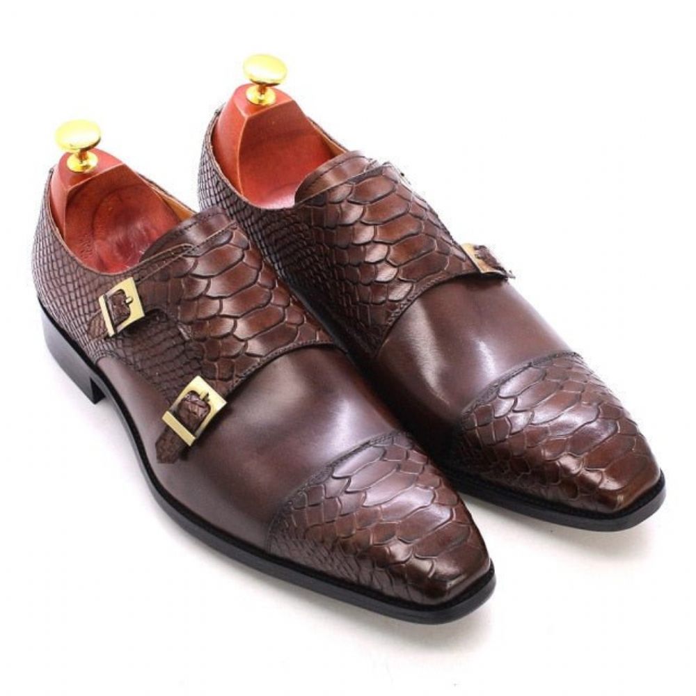 Chaussures Formelles Pour Hommes Cuir Brillant À Bout Pointu Et Sangles Moine - Café