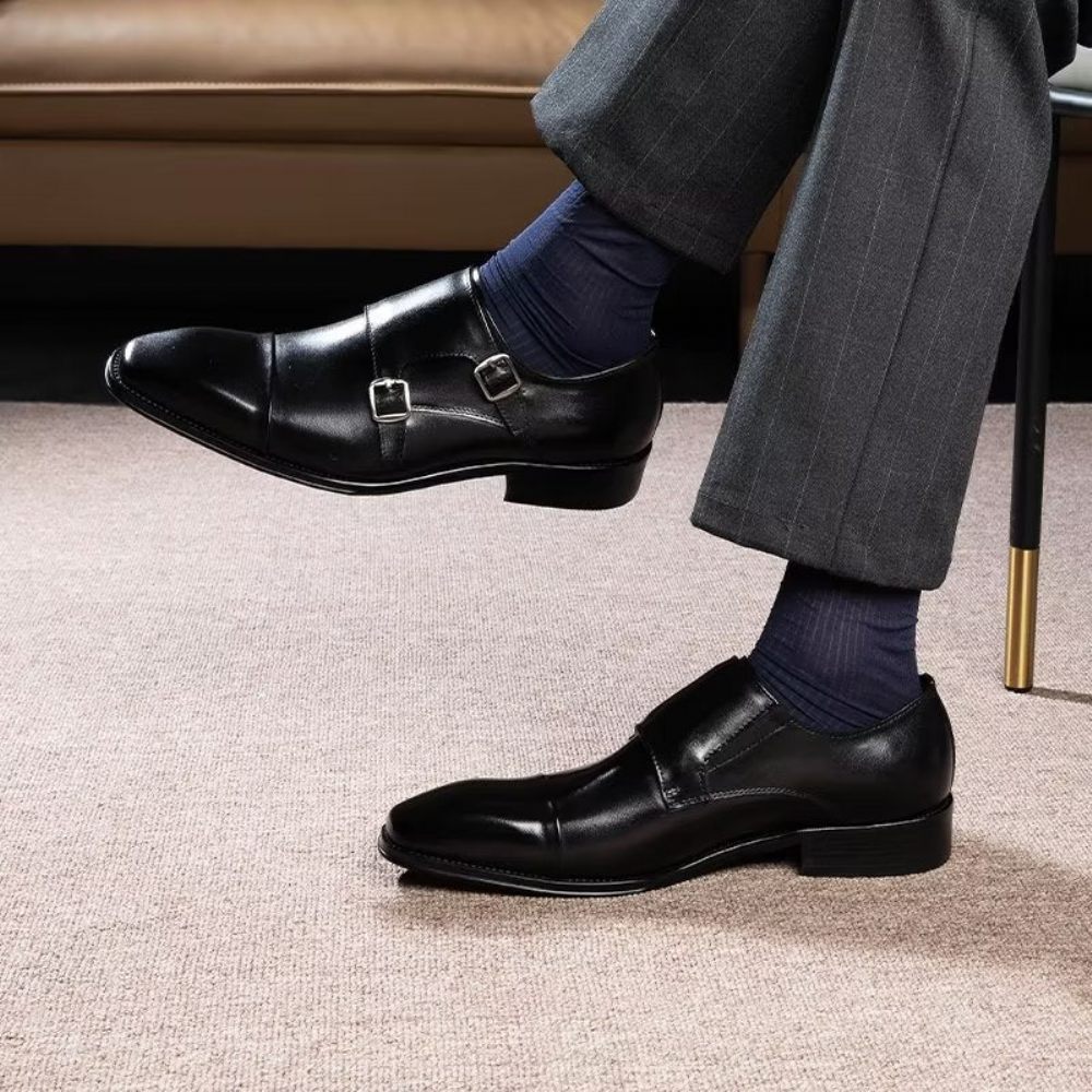 Chaussures Formelles Pour Hommes Cuir Raffiné À Enfiler Avec Brides Moine - Noir