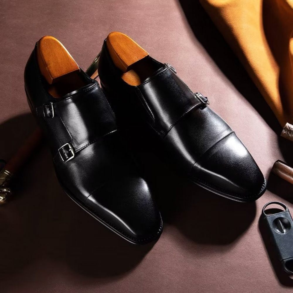 Chaussures Formelles Pour Hommes Cuir Raffiné À Enfiler Avec Brides Moine - Noir