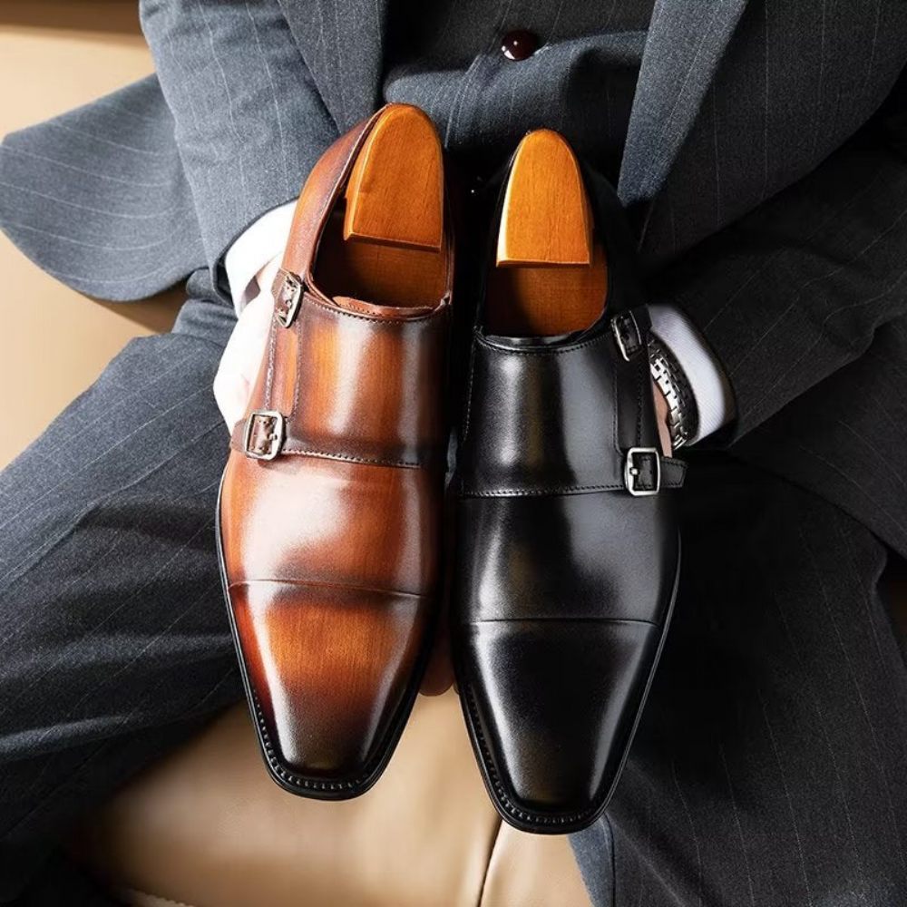 Chaussures Formelles Pour Hommes Cuir Raffiné À Enfiler Avec Brides Moine - Noir