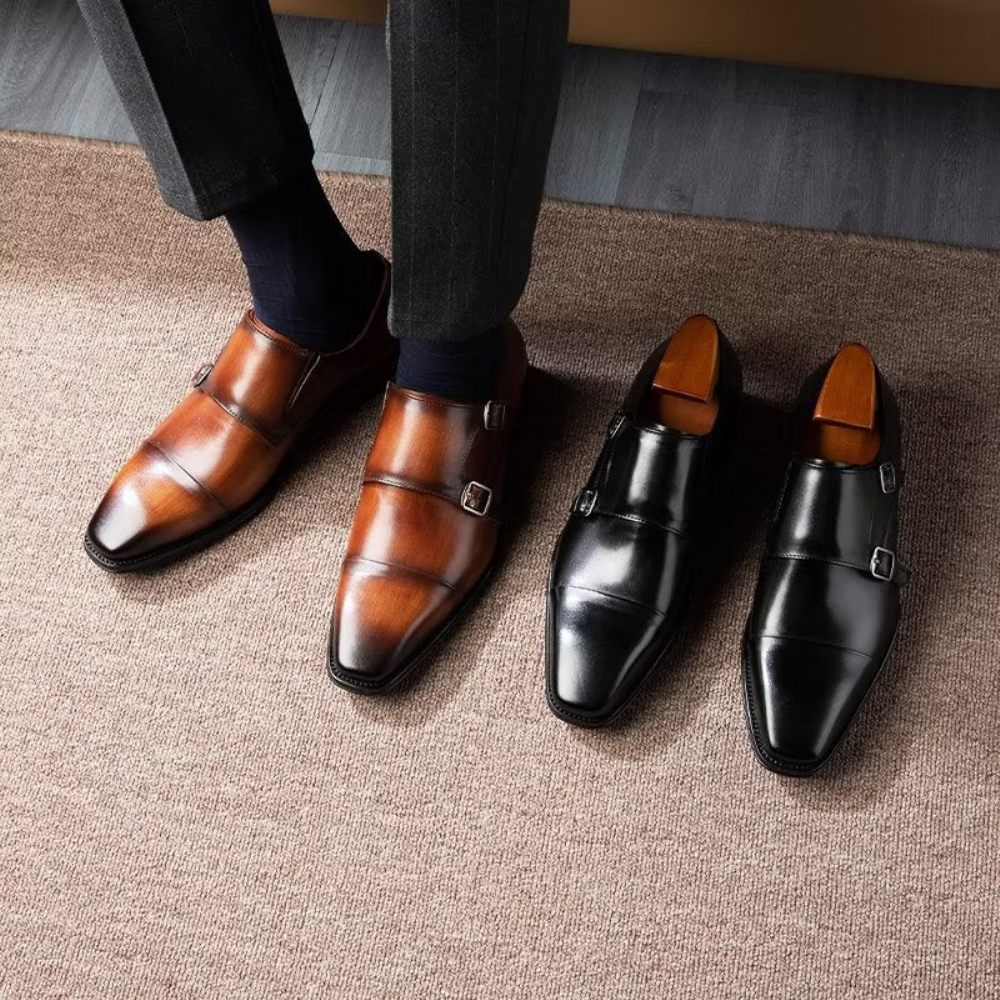 Chaussures Formelles Pour Hommes Cuir Raffiné À Enfiler Avec Brides Moine - Café