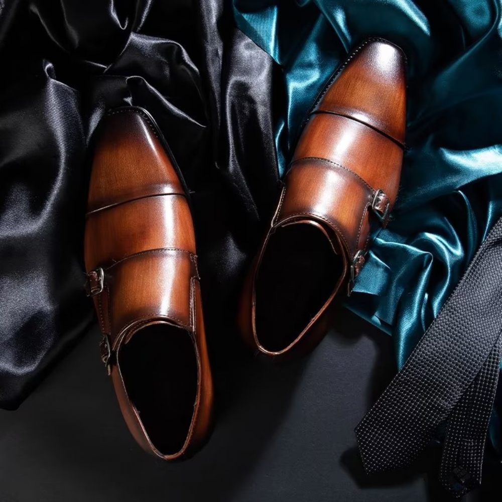 Chaussures Formelles Pour Hommes Cuir Raffiné À Enfiler Avec Brides Moine - Café