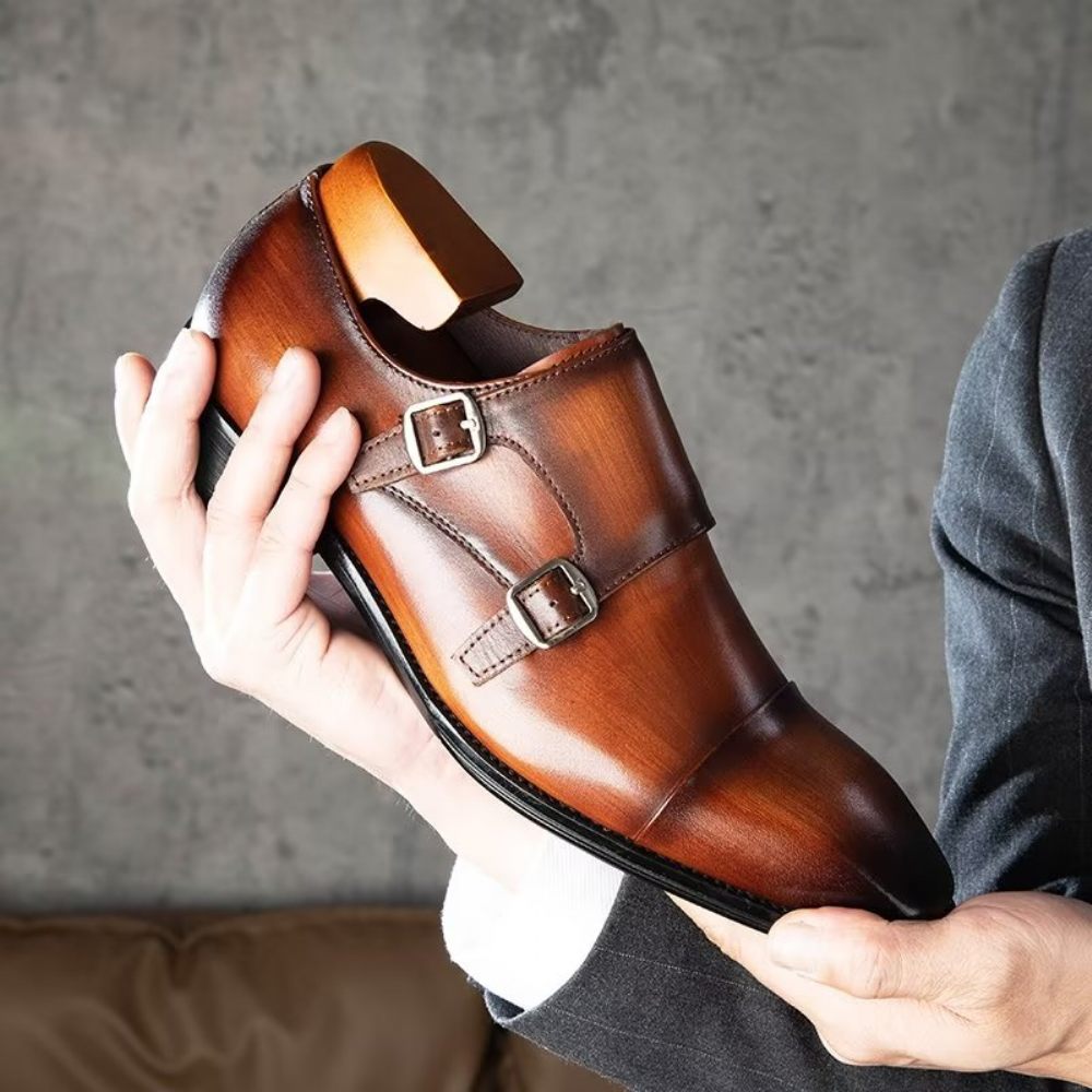 Chaussures Formelles Pour Hommes Cuir Raffiné À Enfiler Avec Brides Moine - Café