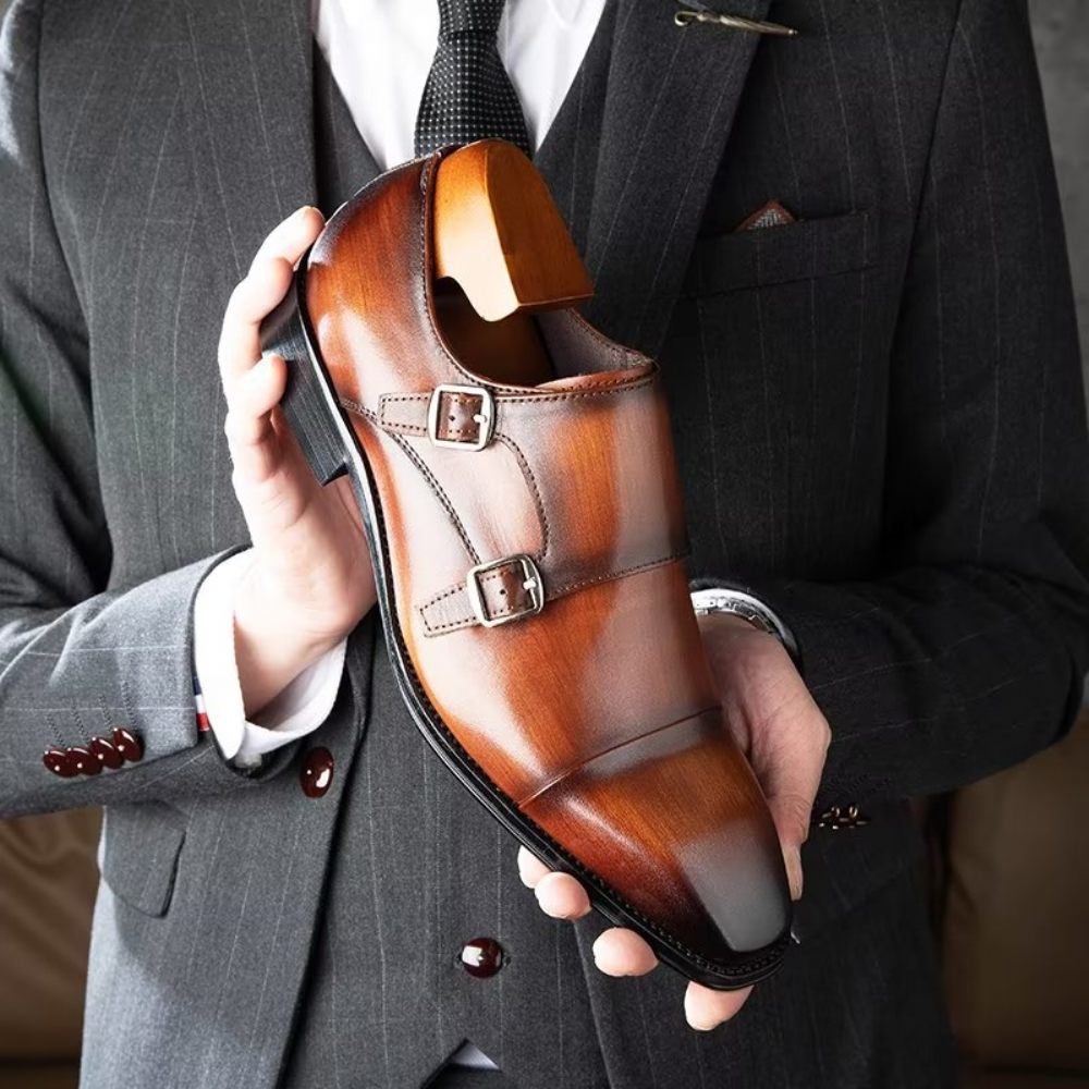 Chaussures Formelles Pour Hommes Cuir Raffiné À Enfiler Avec Brides Moine - Café