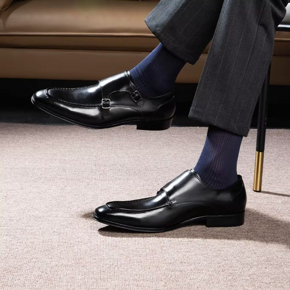 Chaussures Formelles Pour Hommes Cuir Vache Raffiné À Enfiler Avec Sangles Moine - Noir