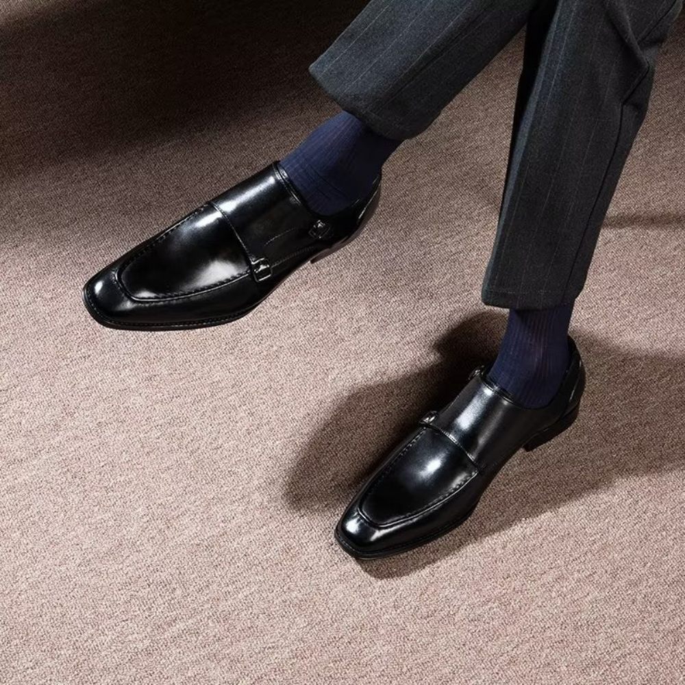 Chaussures Formelles Pour Hommes Cuir Vache Raffiné À Enfiler Avec Sangles Moine - Noir