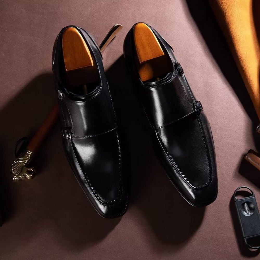 Chaussures Formelles Pour Hommes Cuir Vache Raffiné À Enfiler Avec Sangles Moine - Noir