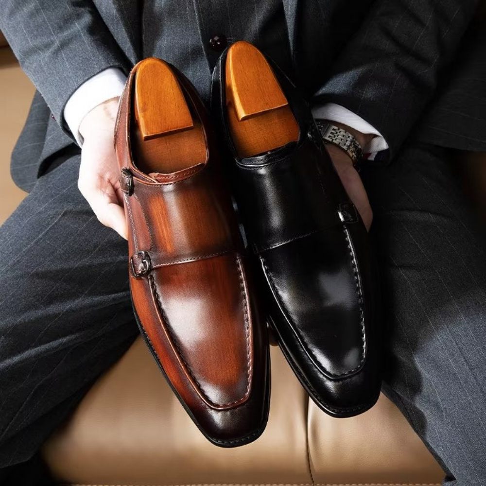 Chaussures Formelles Pour Hommes Cuir Vache Raffiné À Enfiler Avec Sangles Moine - Noir