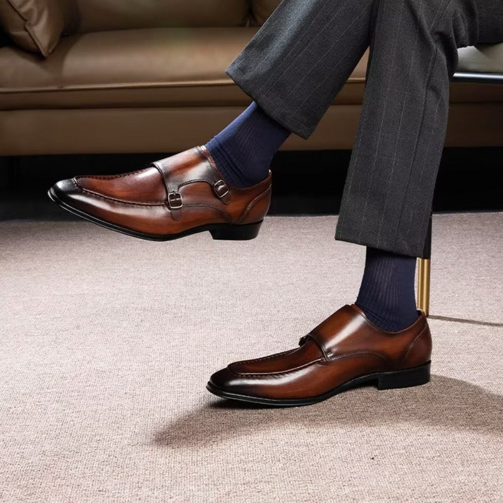 Chaussures Formelles Pour Hommes Cuir Vache Raffiné À Enfiler Avec Sangles Moine - Café