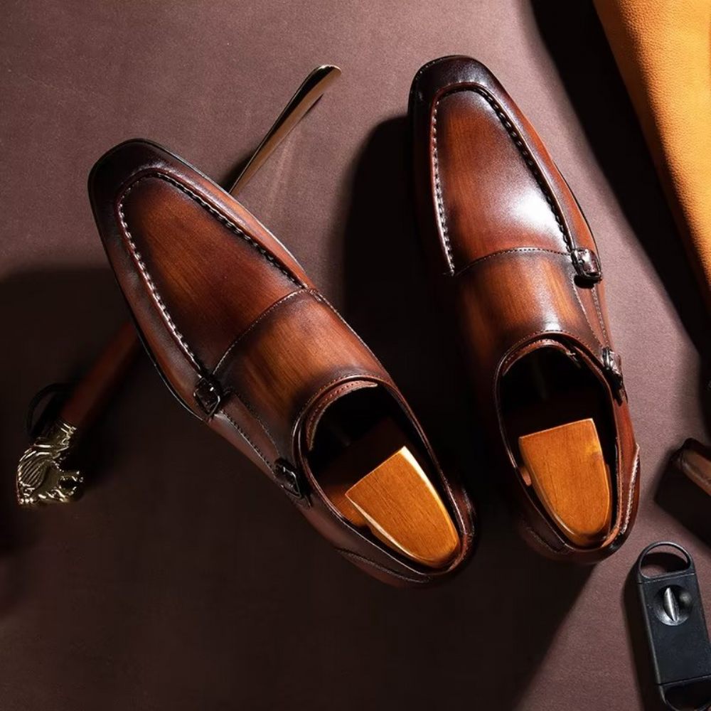 Chaussures Formelles Pour Hommes Cuir Vache Raffiné À Enfiler Avec Sangles Moine - Café