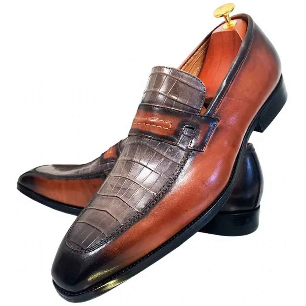 Chaussures Formelles Pour Hommes Cuir Véritable Habillées Sophistiquées À Bout Carré - Brun