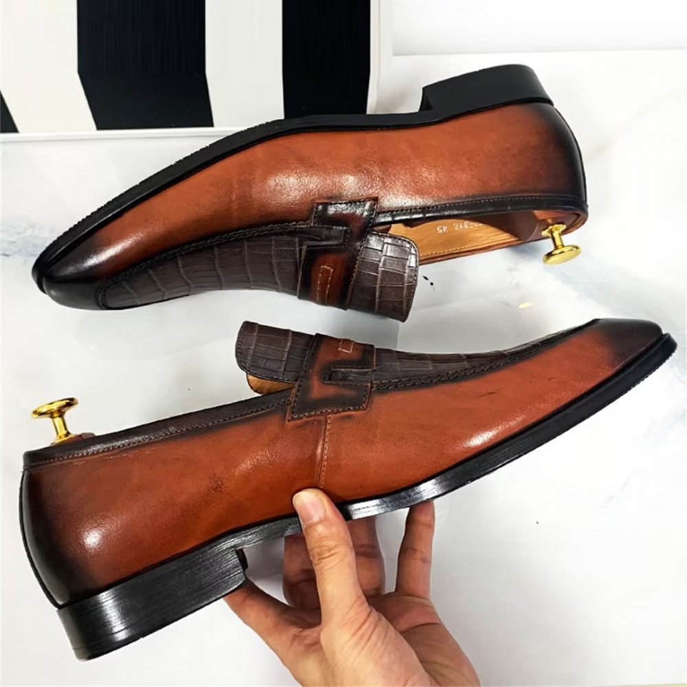 Chaussures Formelles Pour Hommes Cuir Véritable Habillées Sophistiquées À Bout Carré - Brun