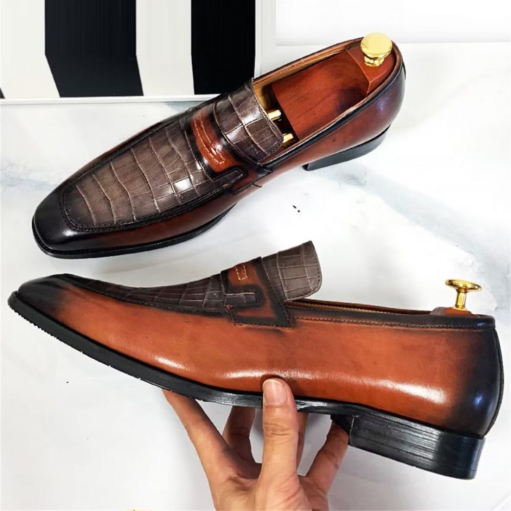 Chaussures Formelles Pour Hommes Cuir Véritable Habillées Sophistiquées À Bout Carré - Brun