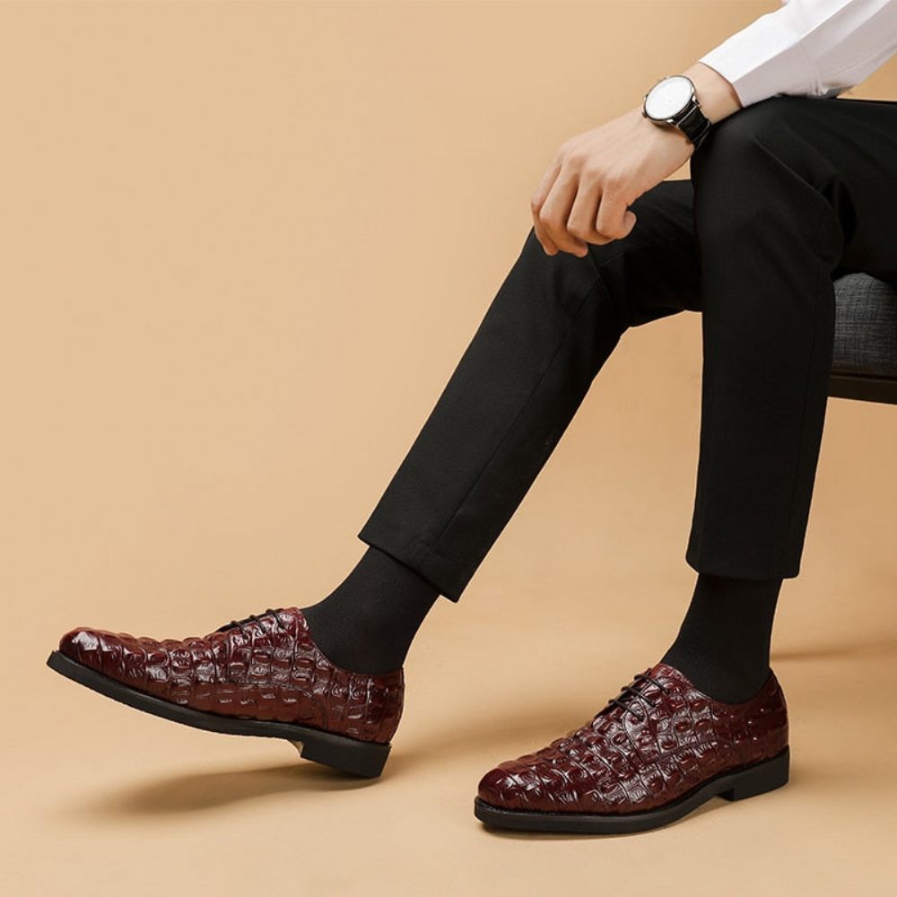 Chaussures Formelles Pour Hommes Décontractées À Lacets Oxford Cuir Crocodile Opulent - Rouge