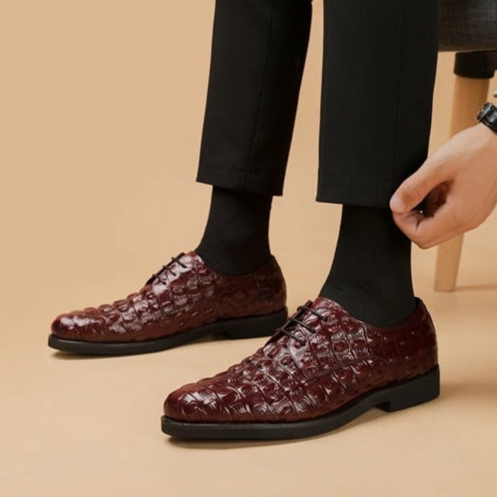 Chaussures Formelles Pour Hommes Décontractées À Lacets Oxford Cuir Crocodile Opulent - Rouge