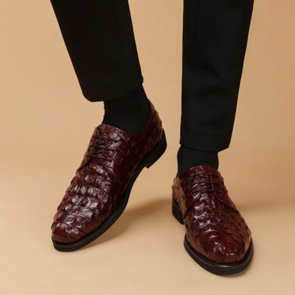 Chaussures Formelles Pour Hommes Décontractées À Lacets Oxford Cuir Crocodile Opulent - Rouge