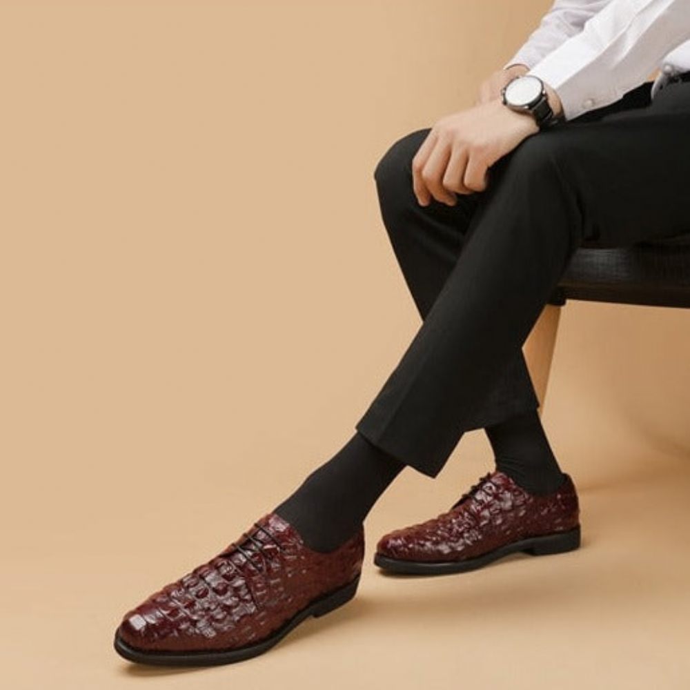 Chaussures Formelles Pour Hommes Décontractées À Lacets Oxford Cuir Crocodile Opulent - Rouge