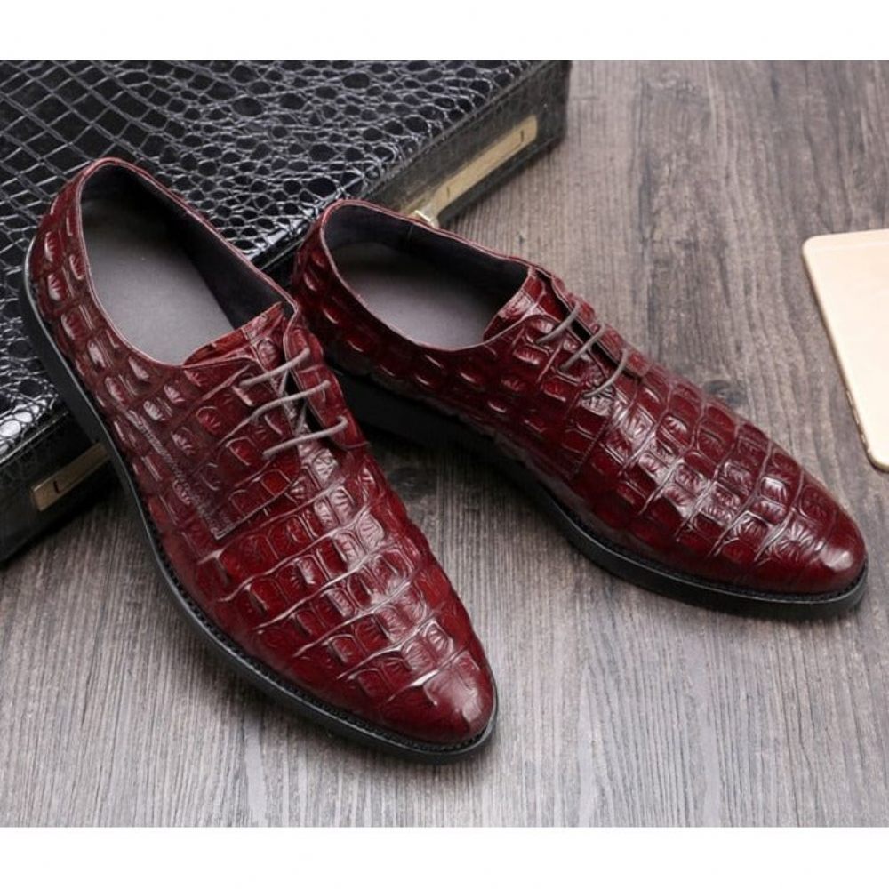 Chaussures Formelles Pour Hommes Décontractées À Lacets Oxford Cuir Crocodile Opulent - Rouge