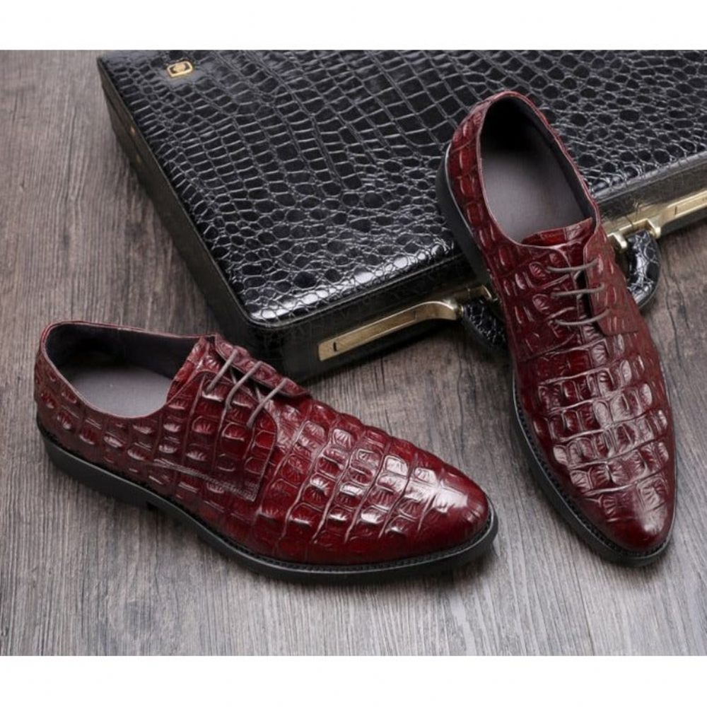 Chaussures Formelles Pour Hommes Décontractées À Lacets Oxford Cuir Crocodile Opulent - Rouge