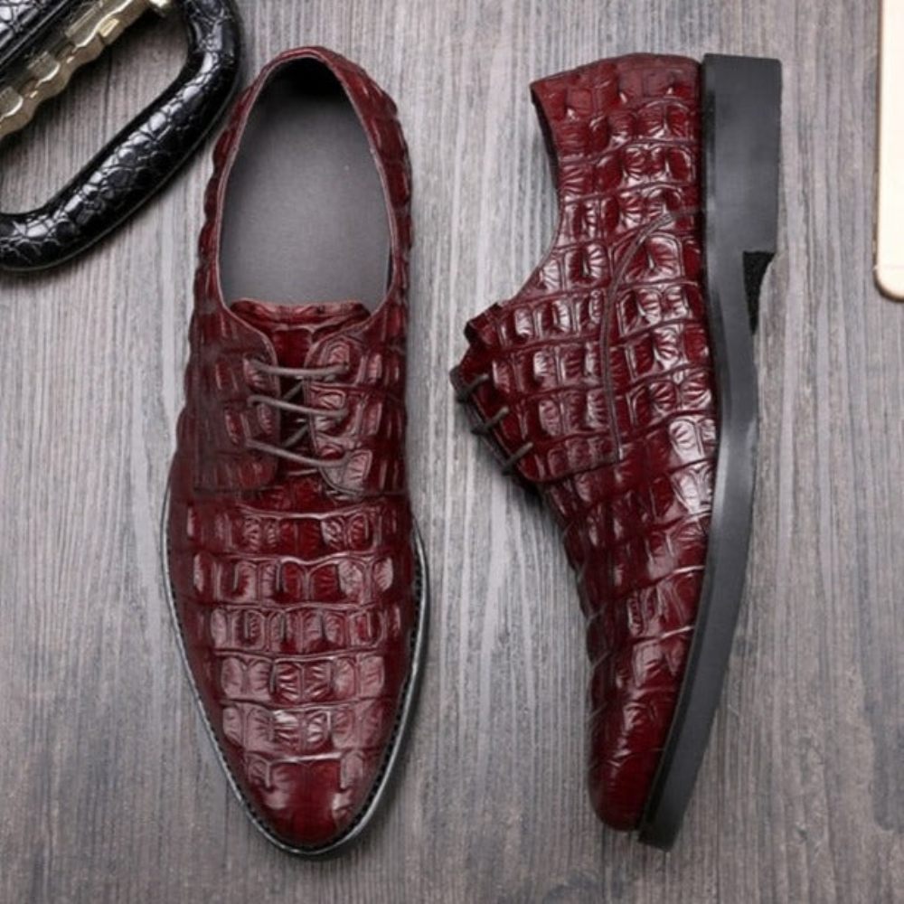 Chaussures Formelles Pour Hommes Décontractées À Lacets Oxford Cuir Crocodile Opulent - Rouge