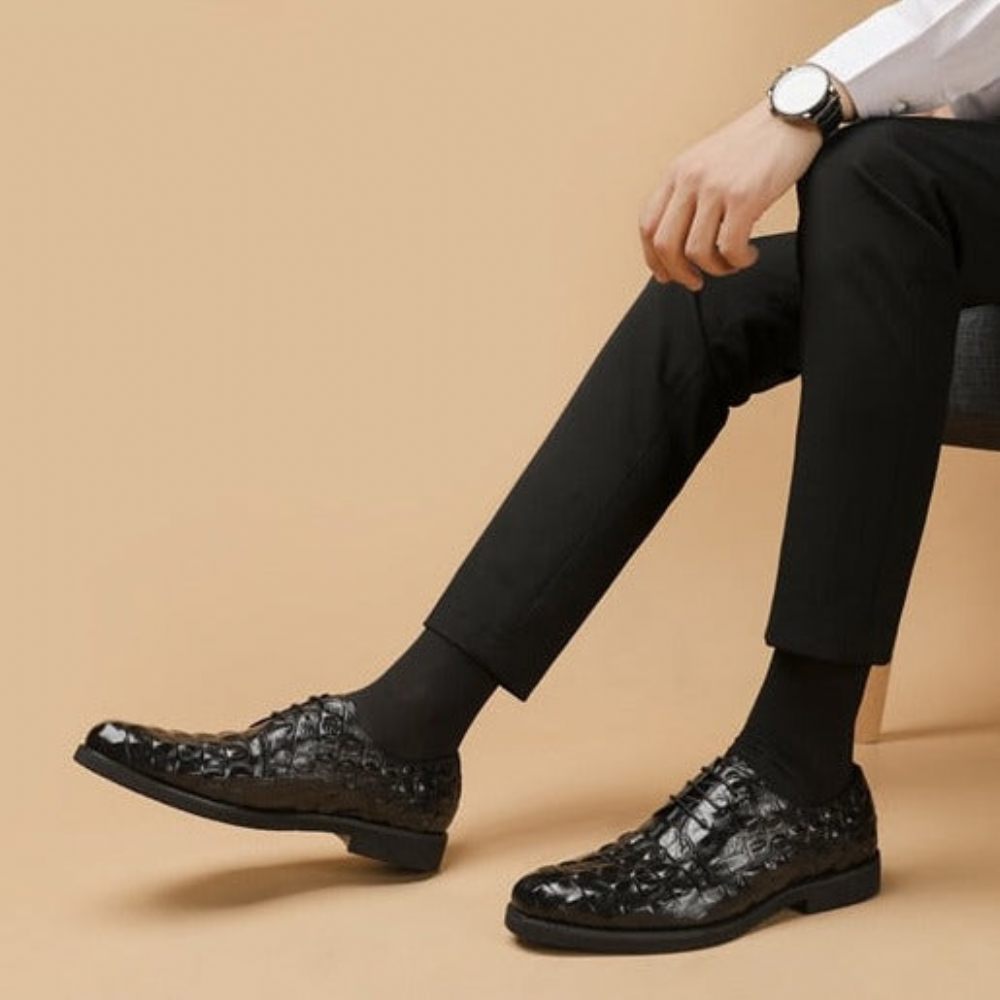 Chaussures Formelles Pour Hommes Décontractées À Lacets Oxford Cuir Crocodile Opulent - Noir