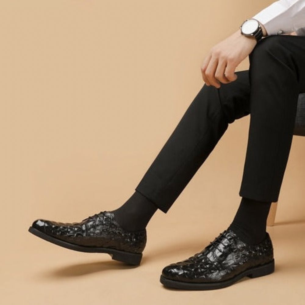 Chaussures Formelles Pour Hommes Décontractées À Lacets Oxford Cuir Crocodile Opulent - Noir