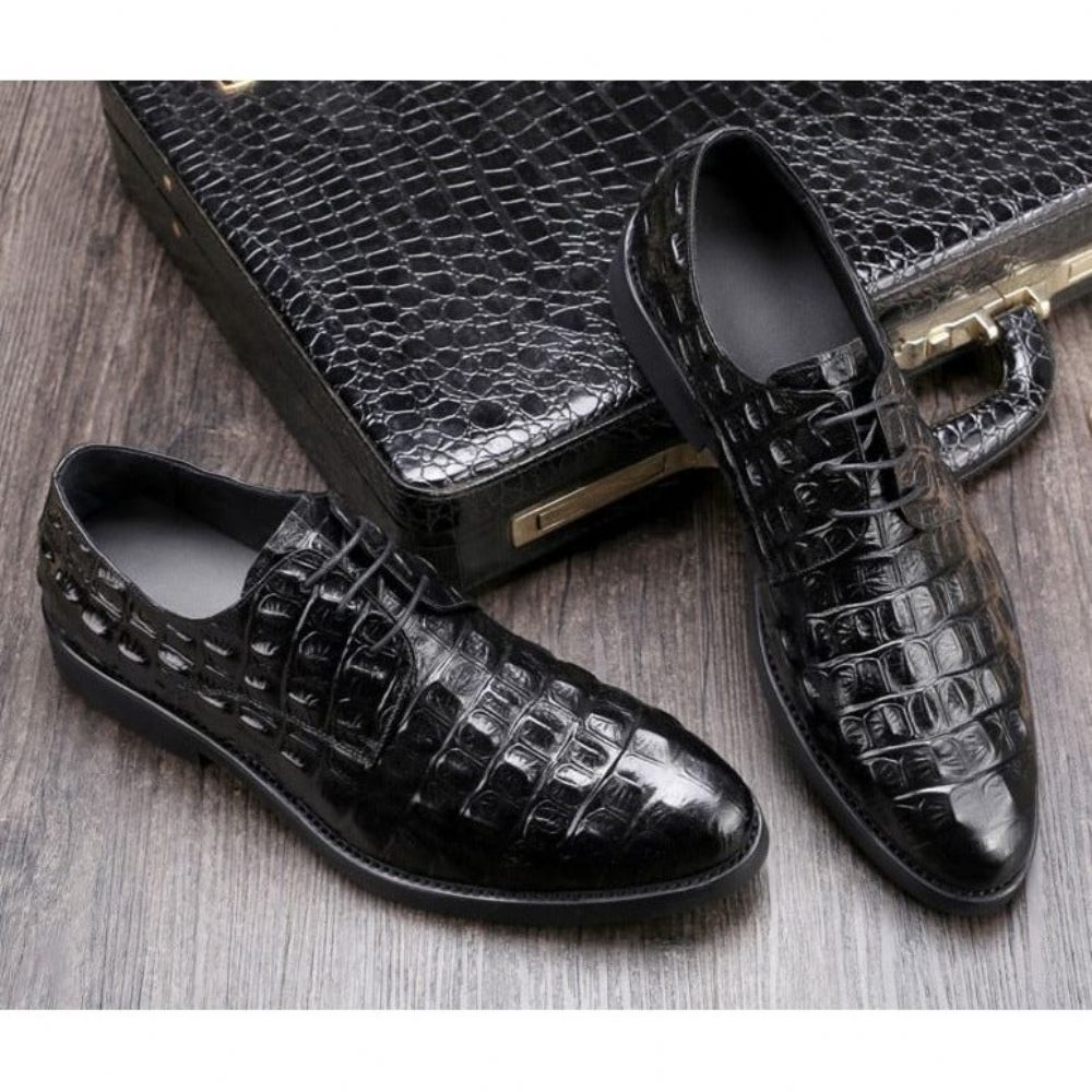 Chaussures Formelles Pour Hommes Décontractées À Lacets Oxford Cuir Crocodile Opulent - Noir