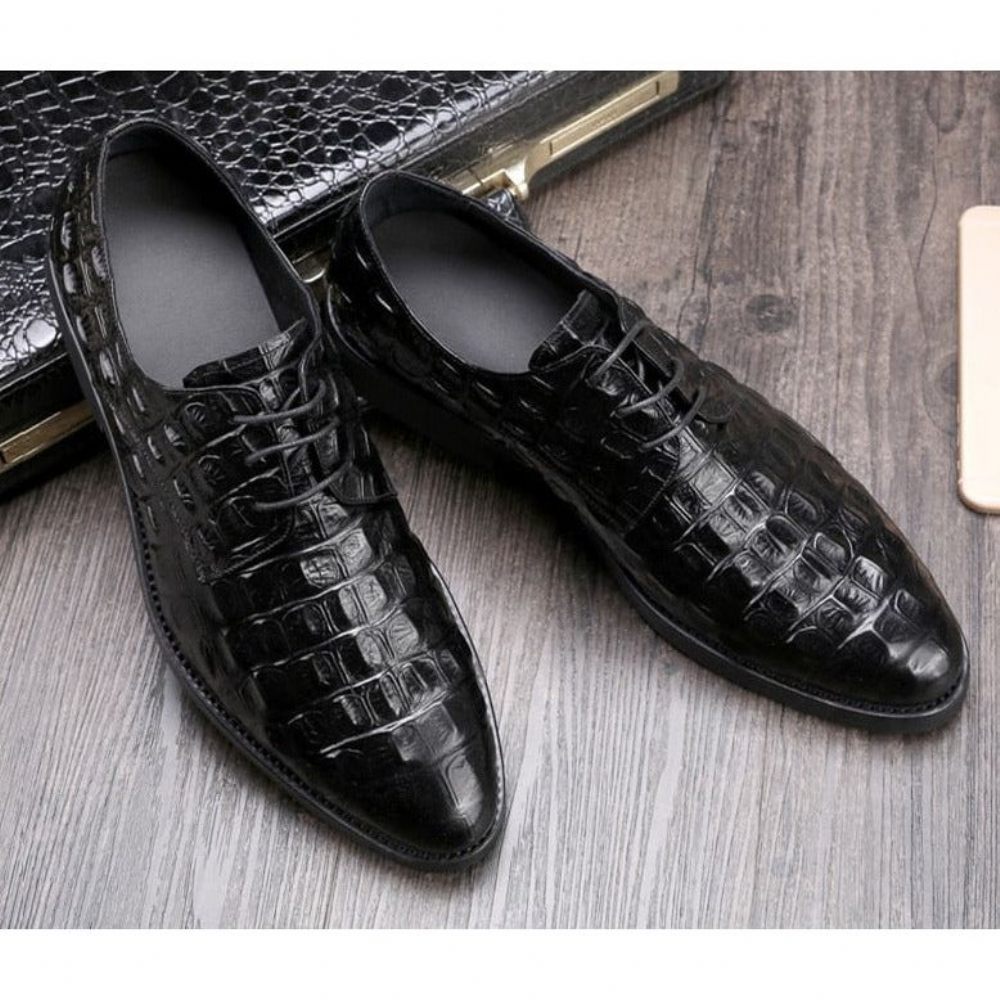 Chaussures Formelles Pour Hommes Décontractées À Lacets Oxford Cuir Crocodile Opulent - Noir