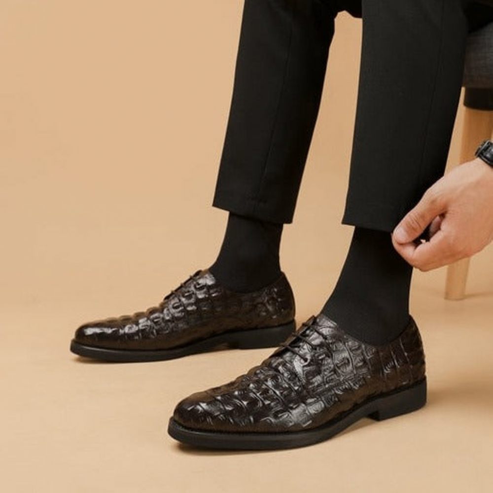 Chaussures Formelles Pour Hommes Décontractées À Lacets Oxford Cuir Crocodile Opulent - Café