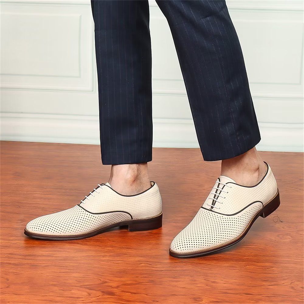 Chaussures Formelles Pour Hommes Élégance Relief Habillées Oxford À Bout Rond Exotiques - Beige