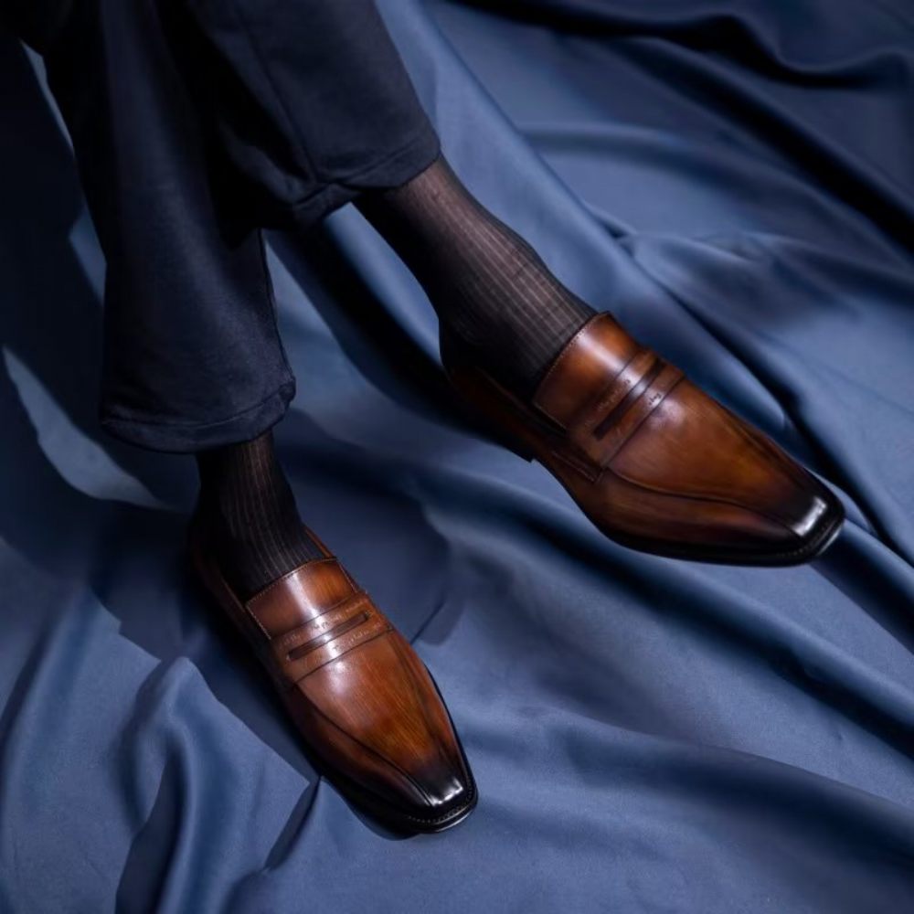 Chaussures Formelles Pour Hommes À Enfiler Cuir Vache Luxe - Café