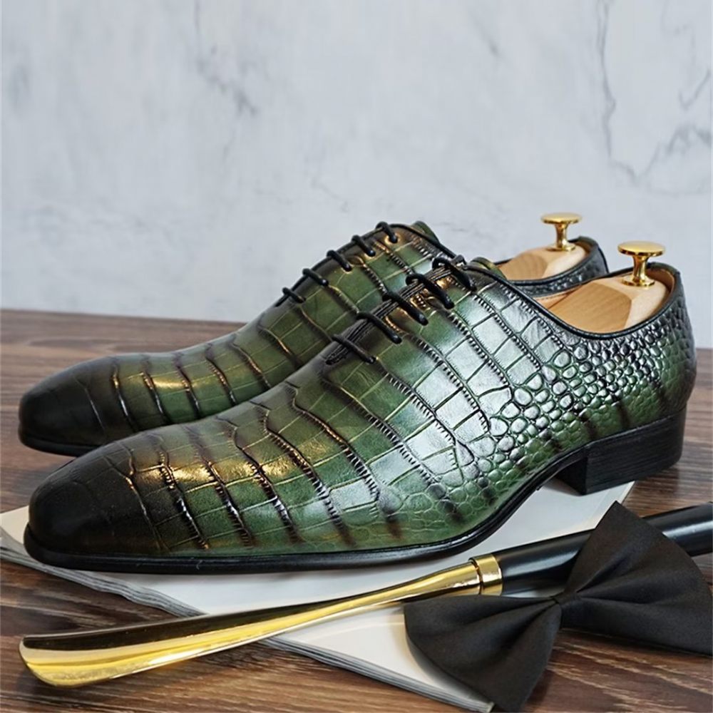 Chaussures Formelles Pour Hommes Habillées D'automne À Motifs Crocodile Véritable - Vert