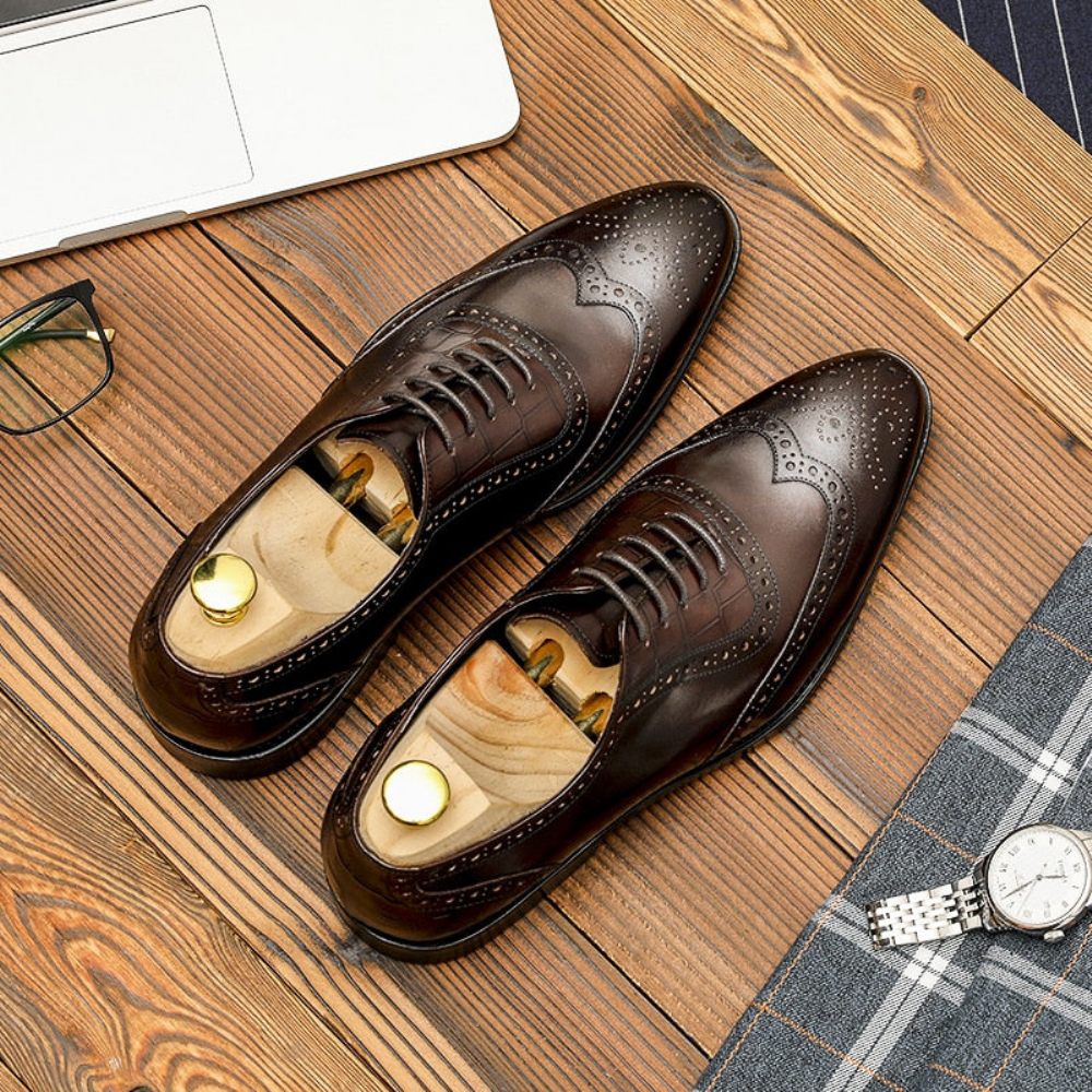 Chaussures Formelles Pour Hommes Habillées Dentelle À Motif Exotique - Café