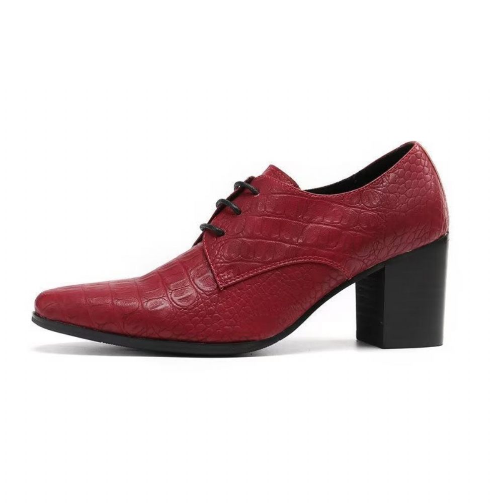 Chaussures Formelles Pour Hommes Habillées Derby Cuir Gaufré Croco Exquis - Rouge