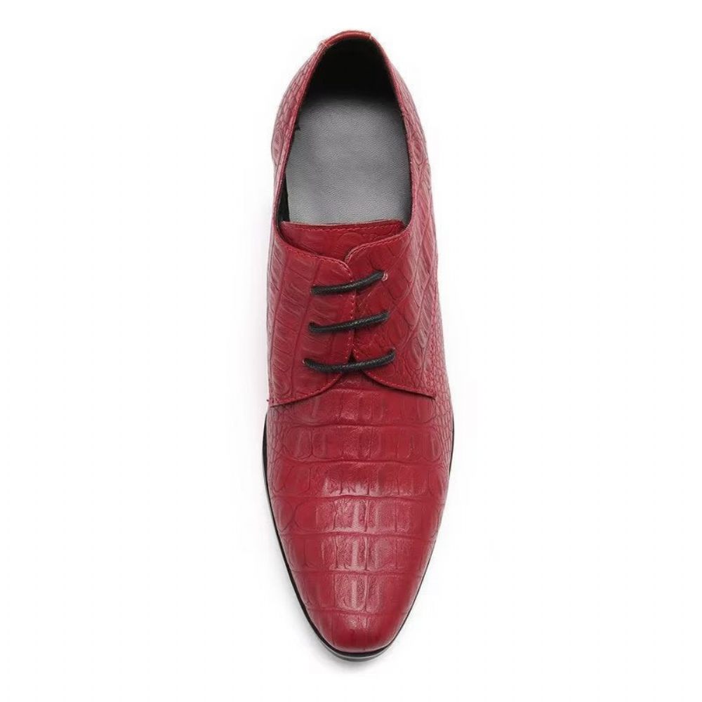 Chaussures Formelles Pour Hommes Habillées Derby Cuir Gaufré Croco Exquis - Rouge