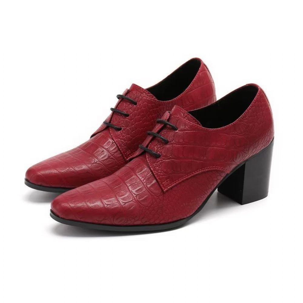 Chaussures Formelles Pour Hommes Habillées Derby Cuir Gaufré Croco Exquis - Rouge