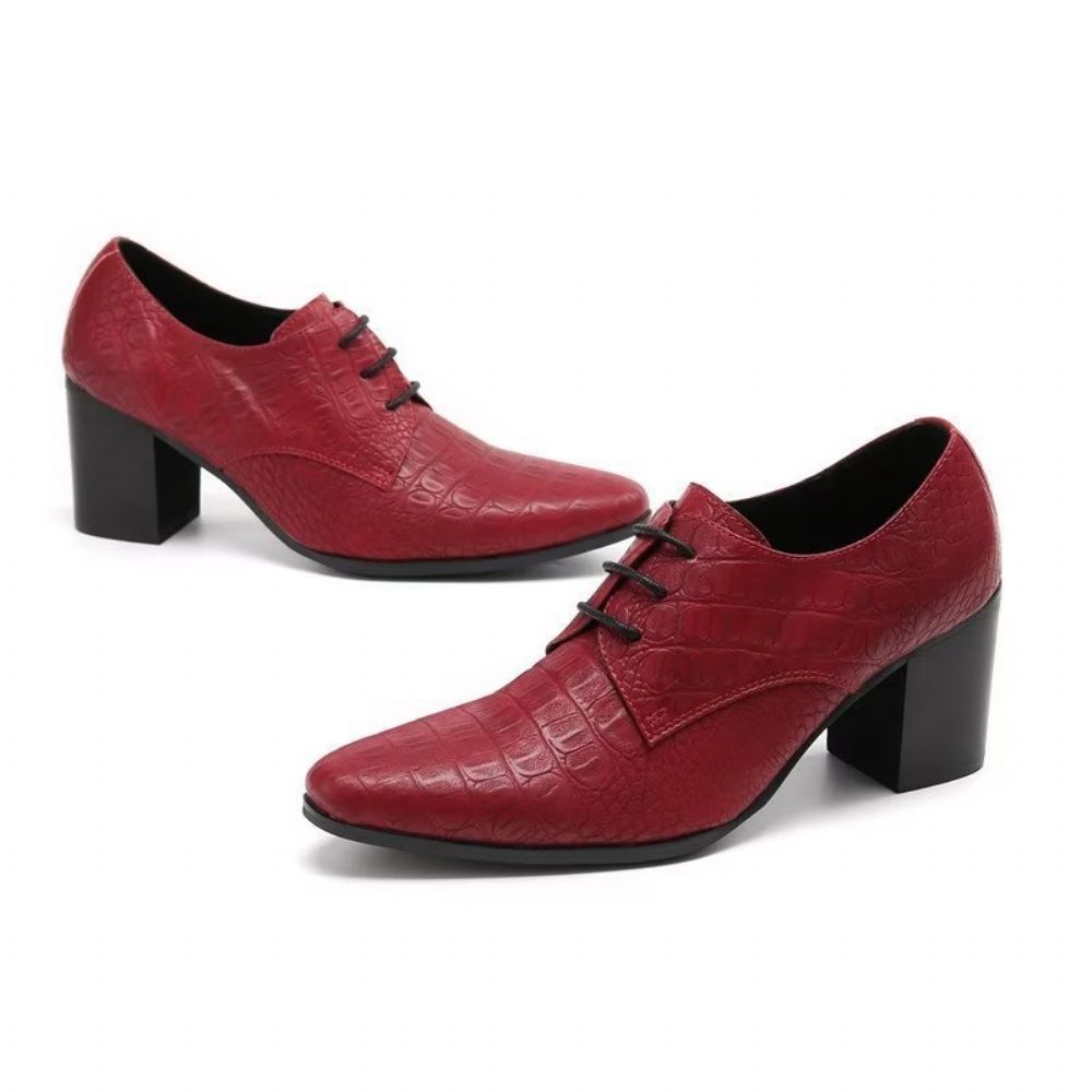 Chaussures Formelles Pour Hommes Habillées Derby Cuir Gaufré Croco Exquis - Rouge