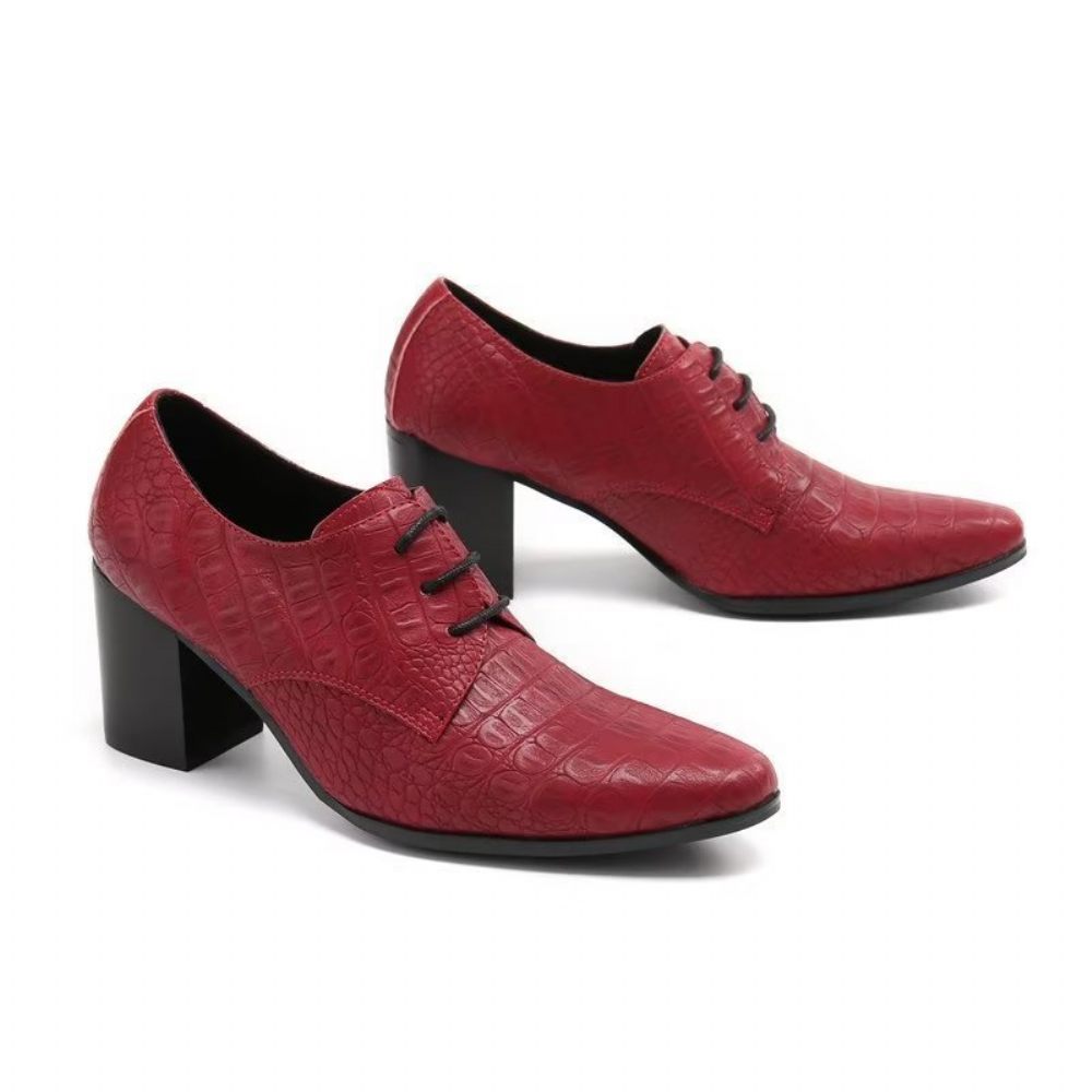 Chaussures Formelles Pour Hommes Habillées Derby Cuir Gaufré Croco Exquis - Rouge