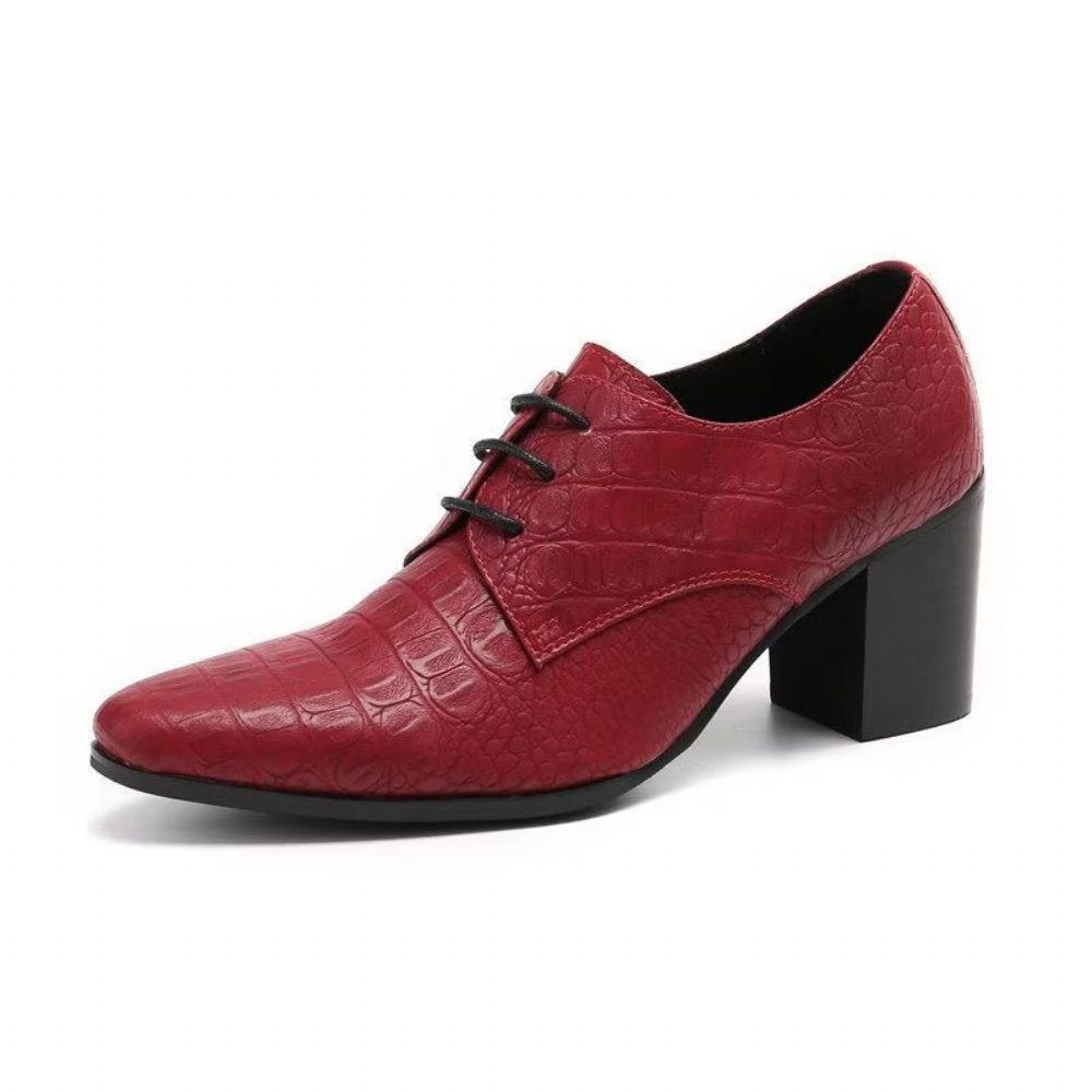 Chaussures Formelles Pour Hommes Habillées Derby Cuir Gaufré Croco Exquis - Rouge